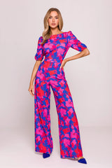 Combinaison élégante imprimé floral multicolore femmes tissu léger coupe ajustée pantalon large occasion spéciale mode été