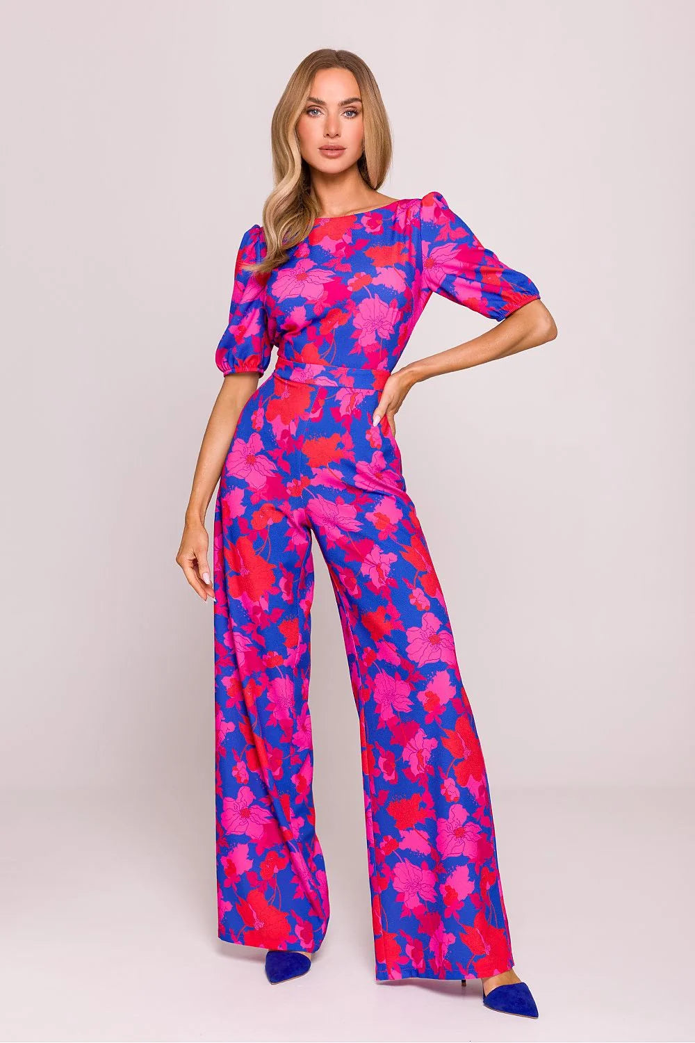 Combinaison élégante imprimé floral multicolore femmes tissu léger coupe ajustée pantalon large occasion spéciale mode été