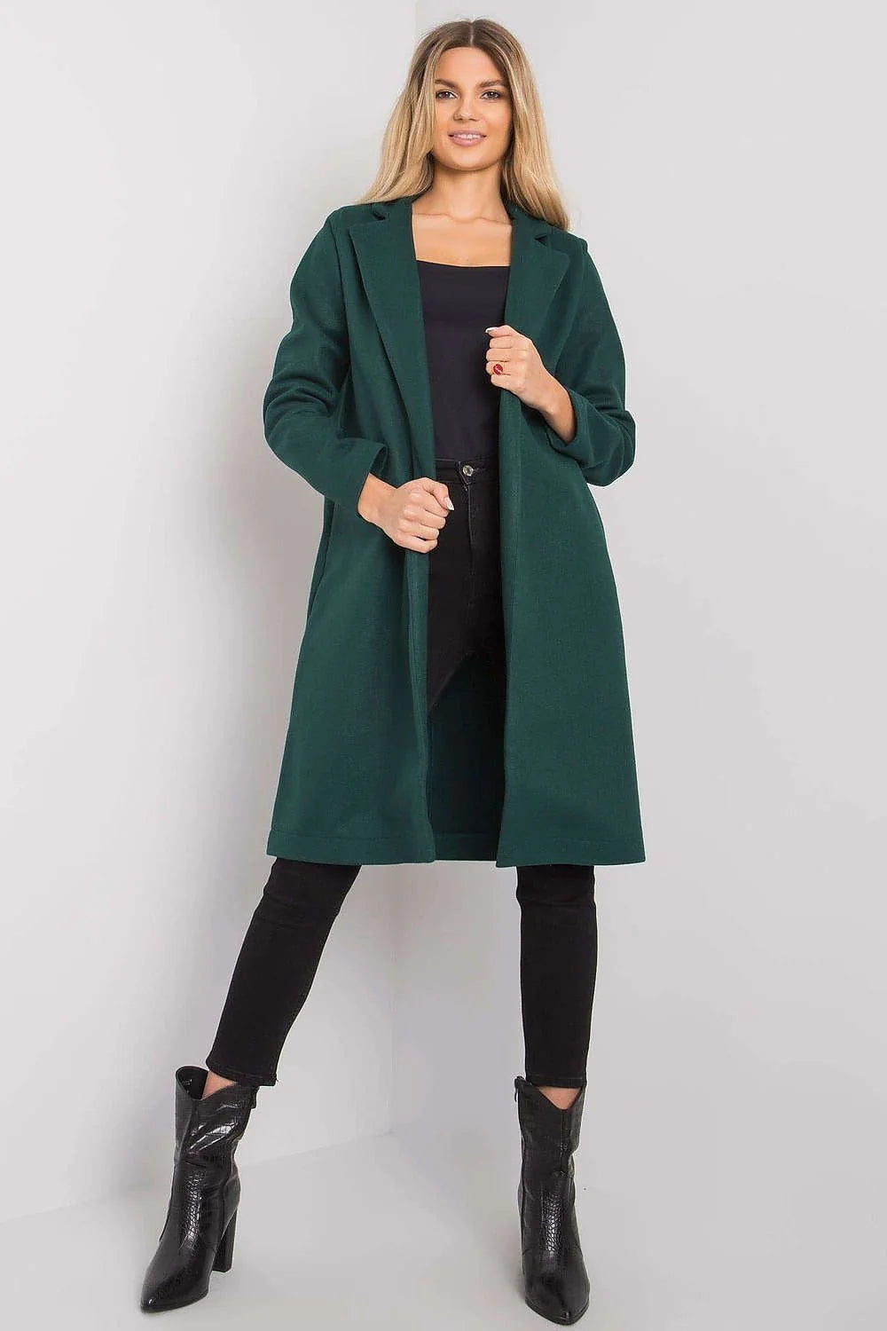 Manteau pour femme élégant long manches longues col revers vert foncé sans fermeture épaules structurées polyester 100% taille ajustable