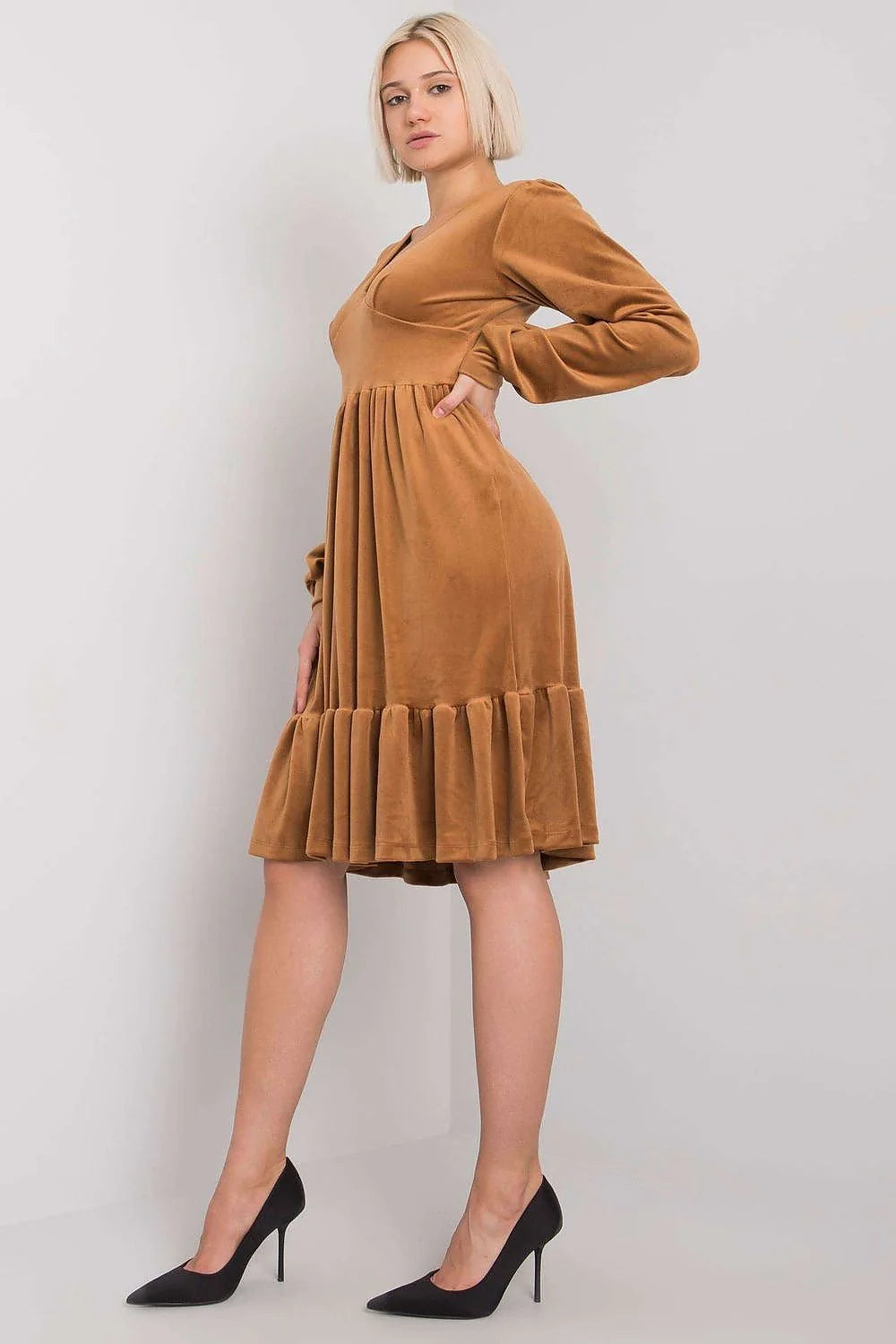 Robe en velours marron élégante manches longues encolure V empire pour femme automne casual