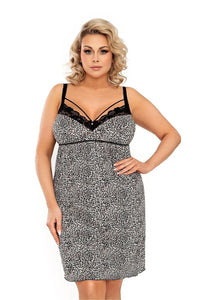 nuisette grande taille imprimé léopard écru taches noir brun décolleté V dentelle noire bande sous poitrine coupe empire bretelles fines