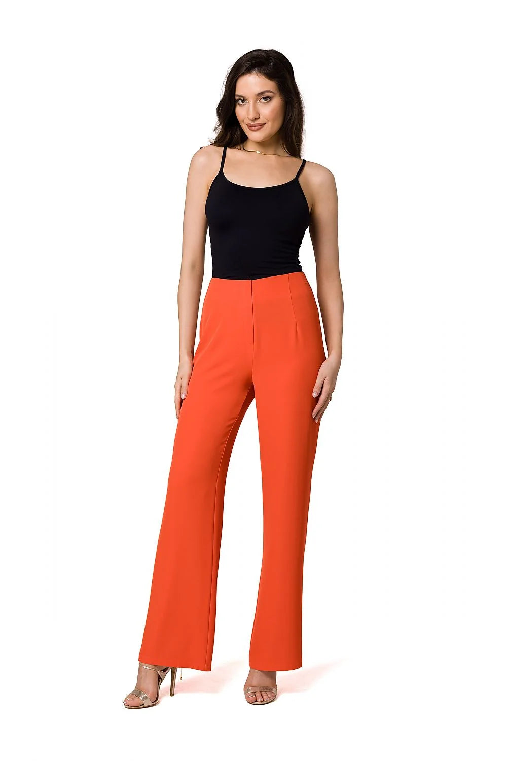 ensemble femme haut débardeur ajusté noir pantalon ample taille haute orange élasthanne polyester fluide texturé jambe large couture centrale