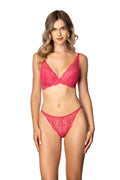 soutiengorge pushup framboise fuchsia dentelle florale romantique sensuel armatures maintien rembourrés bretelles réglables bijou central tanga assorti taille basse semitransparent