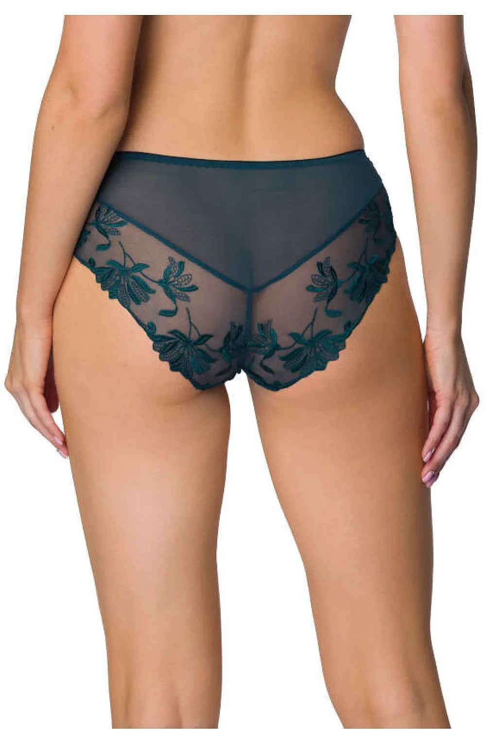 Culottes féminines élégantes en tissu doux avec broderies florales, tulle transparent et taille haute, couleur teal