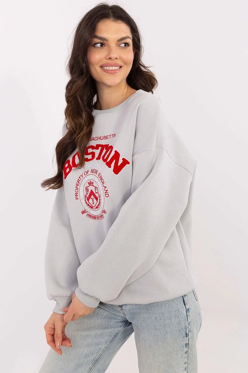 Sweatshirt ample femme style universitaire Boston Massachusetts Property New England coton polyester maille douce oversize manches longues encolure ronde