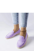 mocassins femme suédine lilas pastel slipon bout arrondi couture visible lanière penny semelle gomme beige plate petit talon rembourrée artisanale