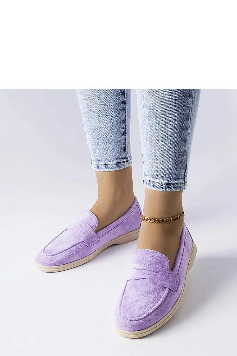 mocassins femme suédine lilas pastel slipon bout arrondi couture visible lanière penny semelle gomme beige plate petit talon rembourrée artisanale