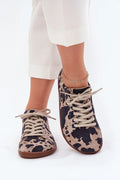 baskets basses femme lacets décontracté chic imprimé animal léopard beige noir suédé bout rond semelle gomme marron confortable