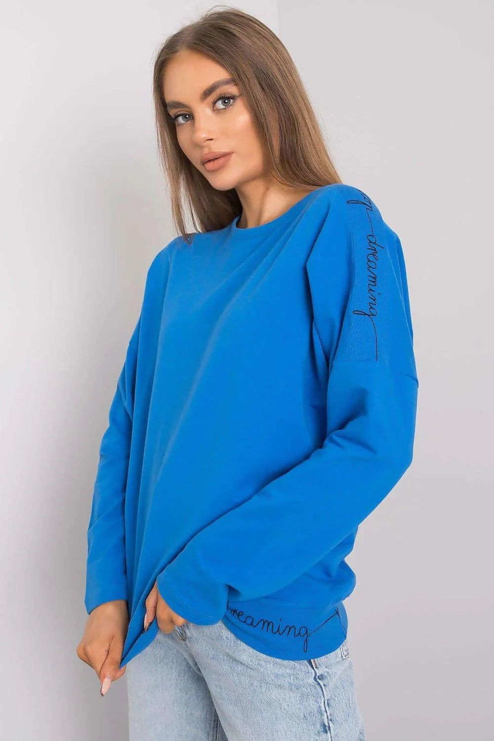 Sweatshirt coton décontracté bleu vif ample inscription motivante manches longues col rond pour femmes modernes
