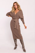Robe de jour élégante en tricot rayé taupe manches longues encolure V ceinture incluse femme