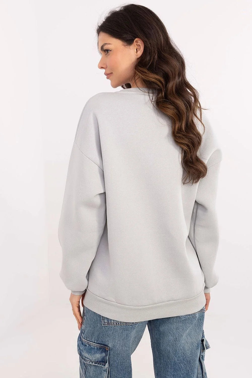 Sweatshirt femme style universitaire américain Harvard logo blason motif VERITAS gris clair manches longues col rond ample