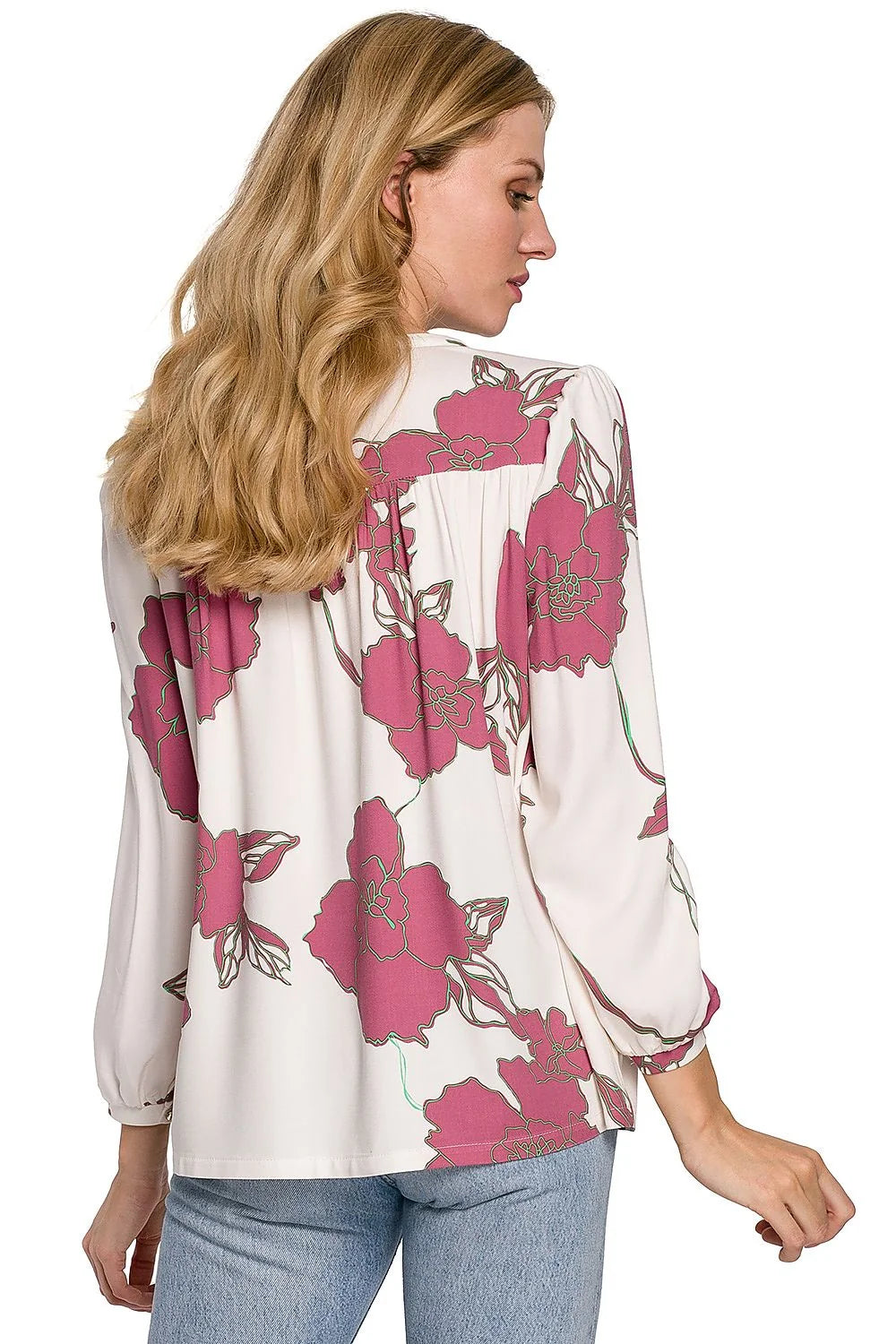 Chemisier viscose floral romantique manches ballon ajustable élégant pour femme chic et décontractée
