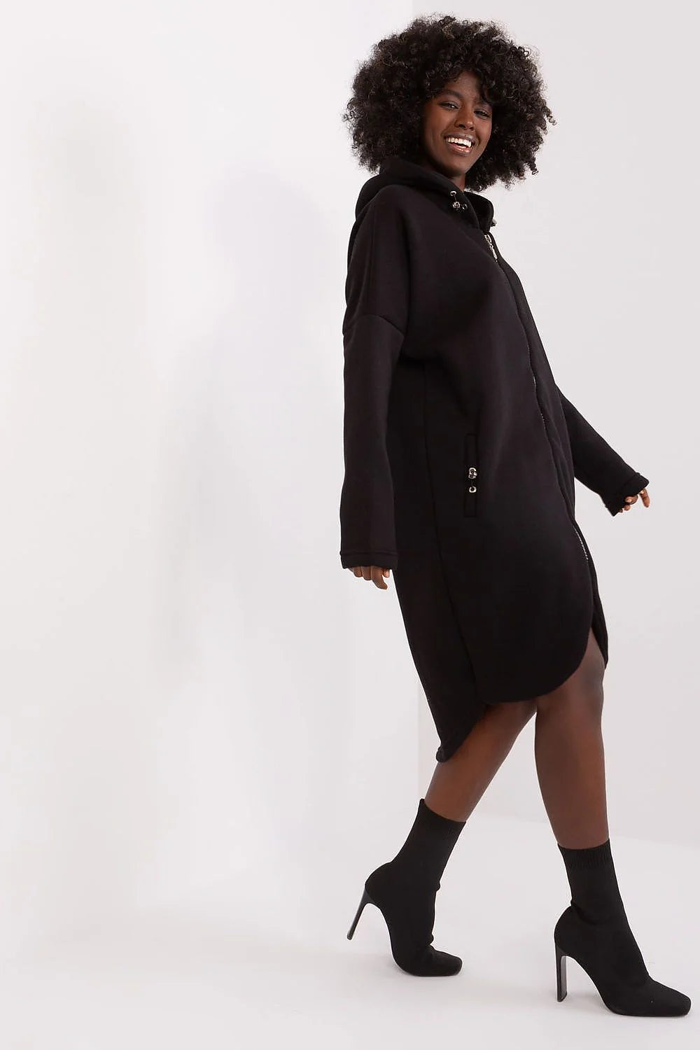 Robe longue à capuche en cotonstretch comfortable avec fermeture éclair noire pour femmes, style décontracté, poches latérales, qualité supérieure