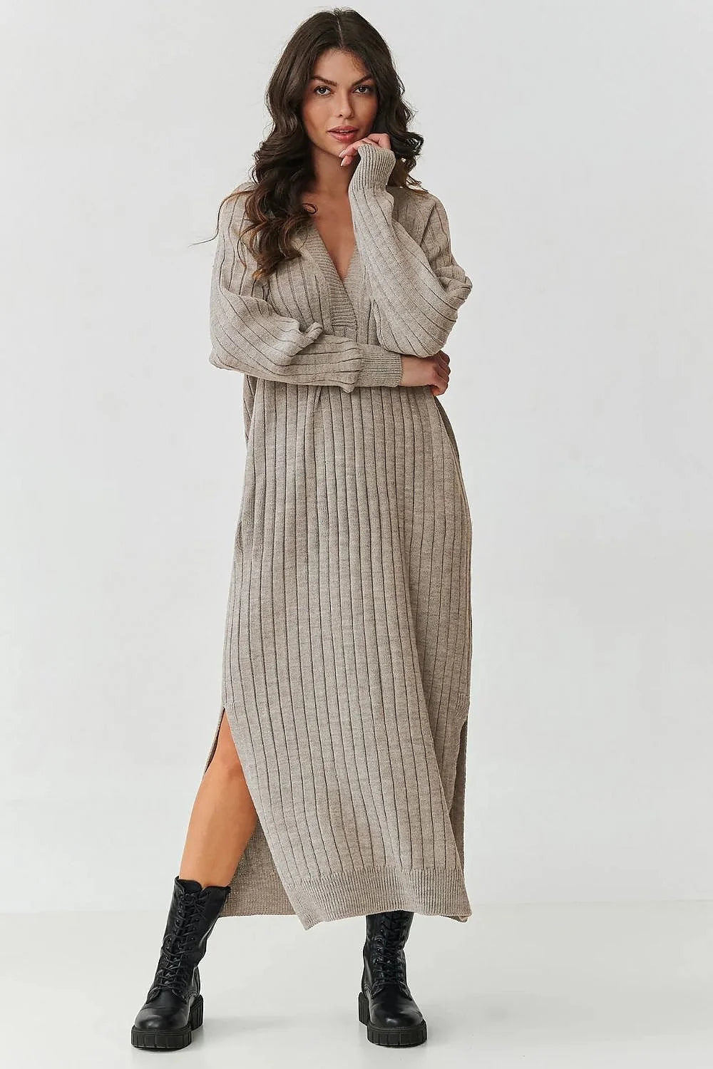 robe pull maxi femme maille côtelée acrylique douce chaude oversize col plongeant manches bouffantes fentes latérales longueur cheville élégante