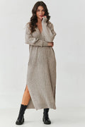 robe pull maxi femme maille côtelée acrylique douce chaude oversize col plongeant manches bouffantes fentes latérales longueur cheville élégante