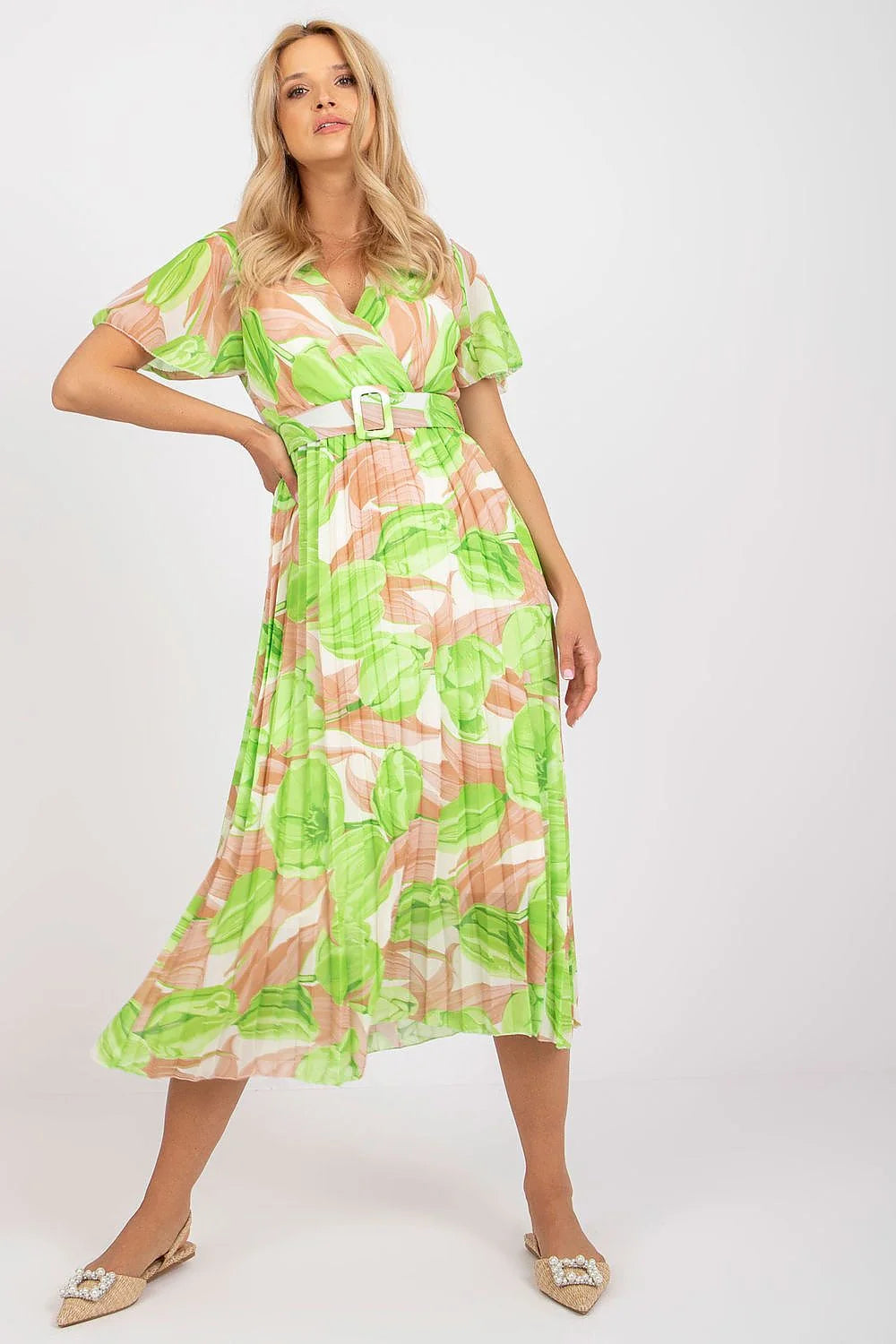 Robe été imprimé floral manches courtes ceinture longue femmes orange vert blanc Italy Moda