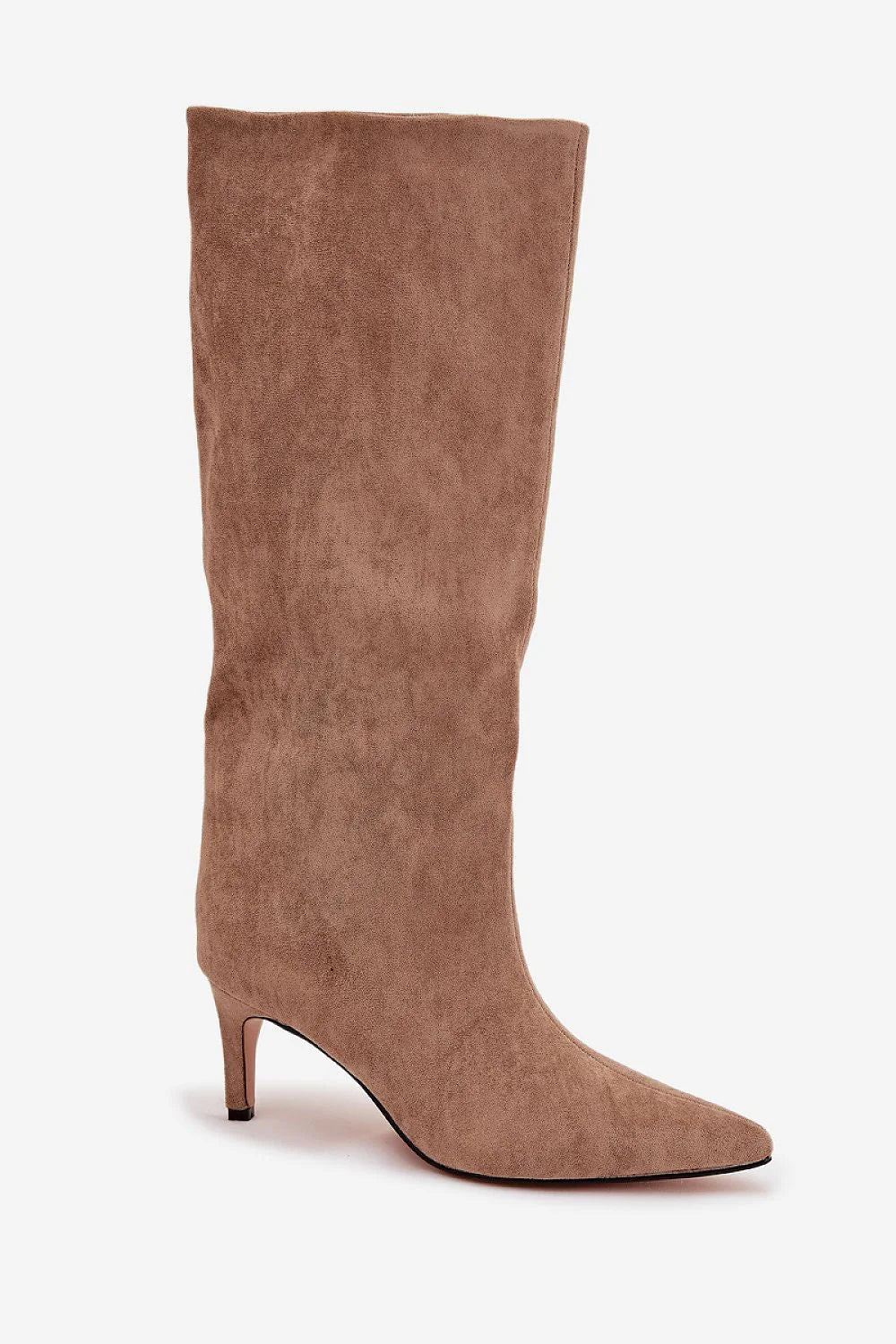 bottes hautes femme suédine écologique taupe mi genou bout pointu tige froncée talon kitten 5cm doublure chaude