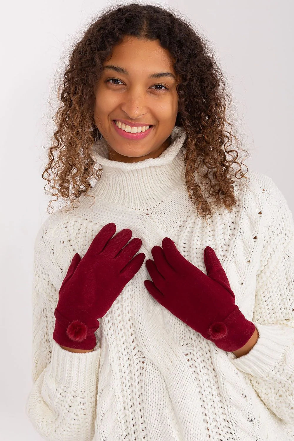 Gants élégants tricotés douillets pompons fleurs brodées écran tactile coton élasthanne polyester femme mode