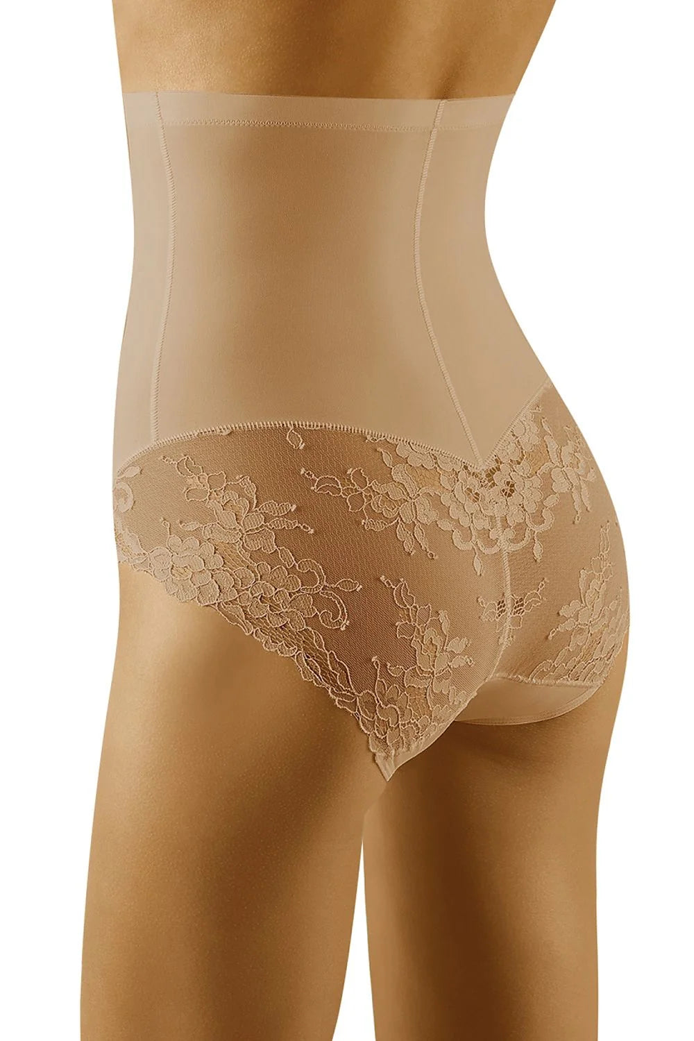 culotte gainante sculptante Wolbar microfibre dentelle florale taille haute beige nude invisible coutures plates panneaux modelants maintien galbe confort extensible