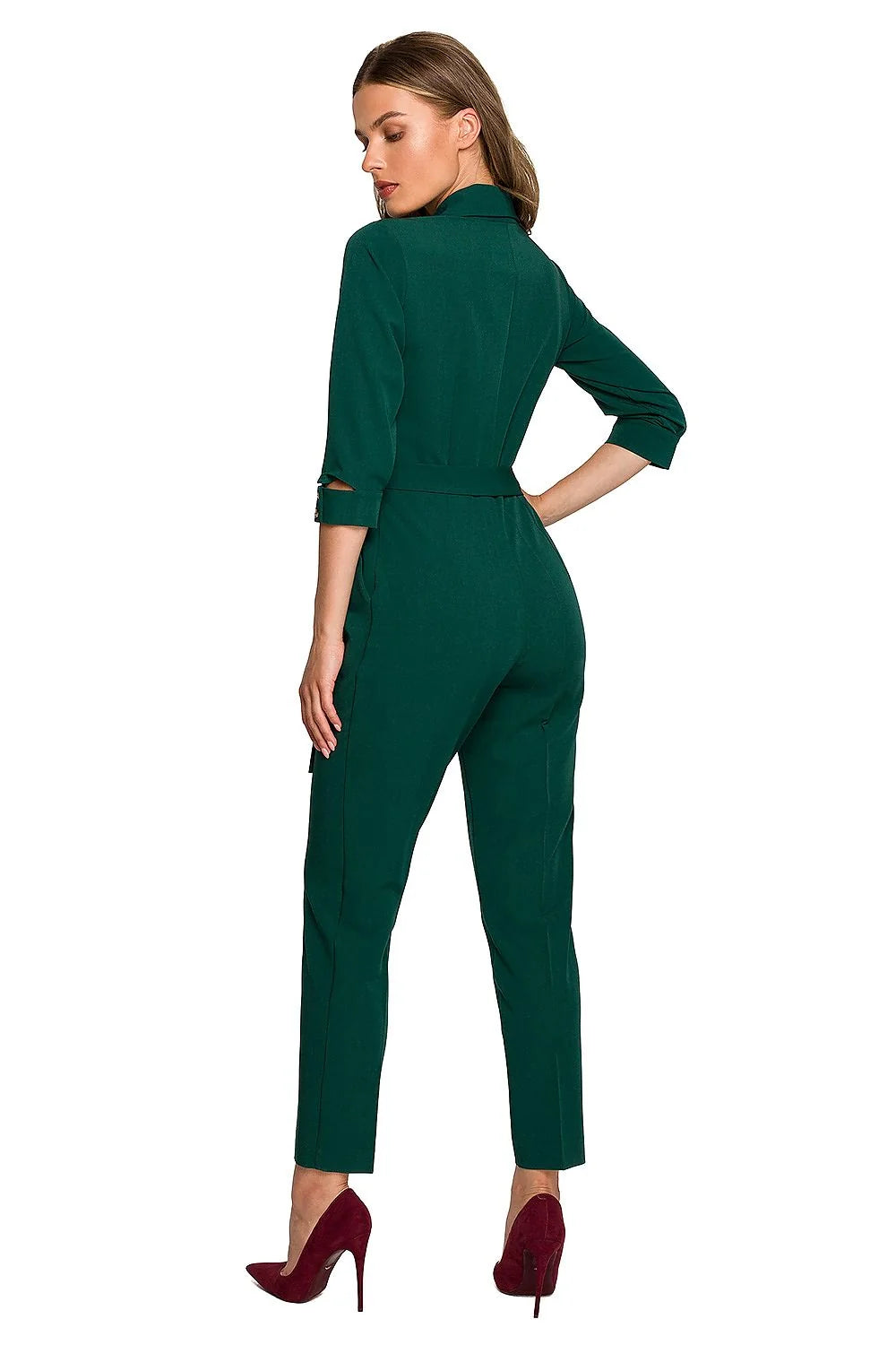 combinaison femme chic élégante vert forêt manches trois quart ceinture nouée col châle slim tailleur boutons dorés