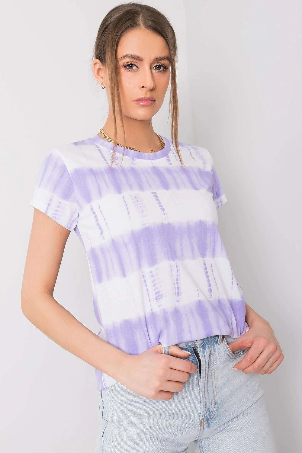 T-shirt femme Italy Moda design moderne tie-dye violet coton 100% coupe ajustée manches courtes encolure ronde