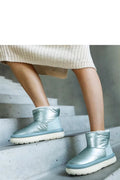 Bottes de neige modernes pour femmes, bleu métallisé, synthétique imperméable, doublure isolante, semelle caoutchouc anti-glisse, style urbain, tendance, mode hiver, bottines d'hiver