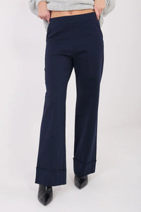 pantalon femme taille haute coupe large fluide viscose nylon elasthanne marine bande elastique sans fermeture revers larges poches laterales bureau