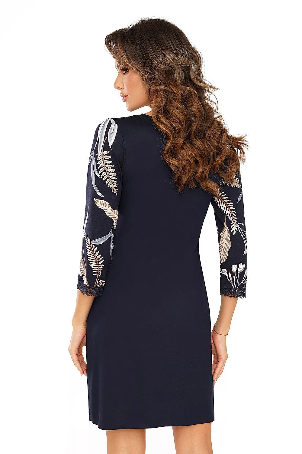 Chemise de nuit féminine élégante manches longues dentelle motif floral viscose haut de gamme taille ajustable femme