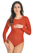 body Teyli femme maille translucide rouge brique manches longues col rond coupe ajustée seconde peau bandes autoagrippantes réglables