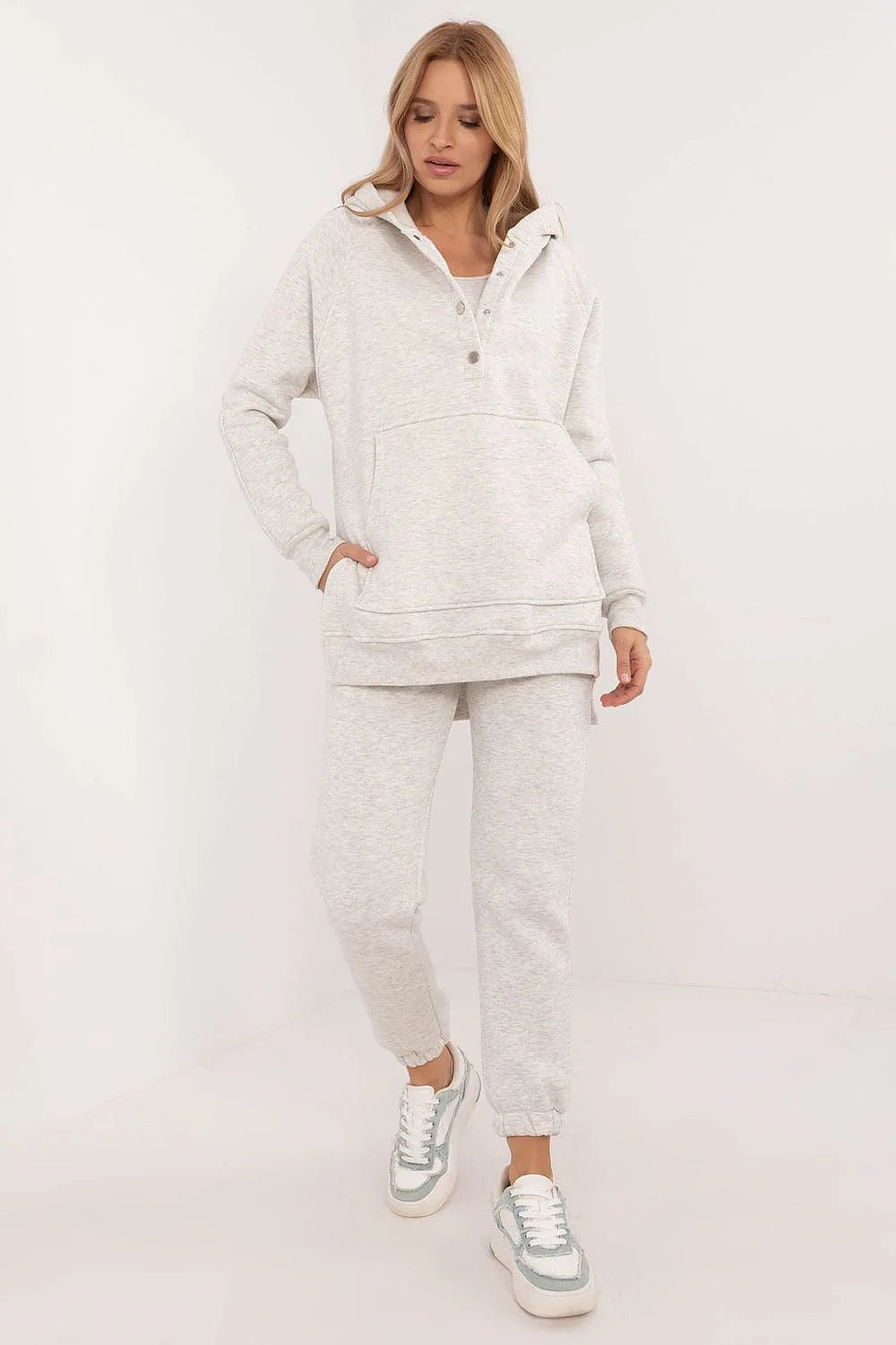 Ensemble femmes style casual monochrome coton gris clair sweat à capuche kangourou poche élastique taille haute joggers
