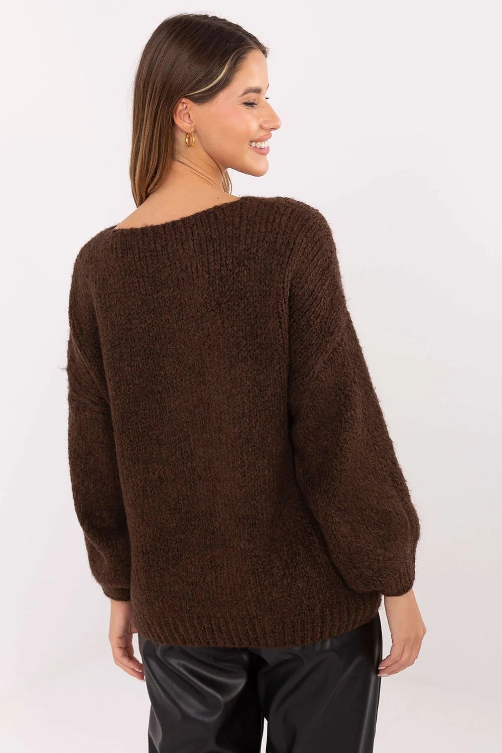 pull femme maille chunky col V lacé marron chocolat coupe ample hanches cordons décoratifs duveteuse tricot manches ballon côtelés chaleur
