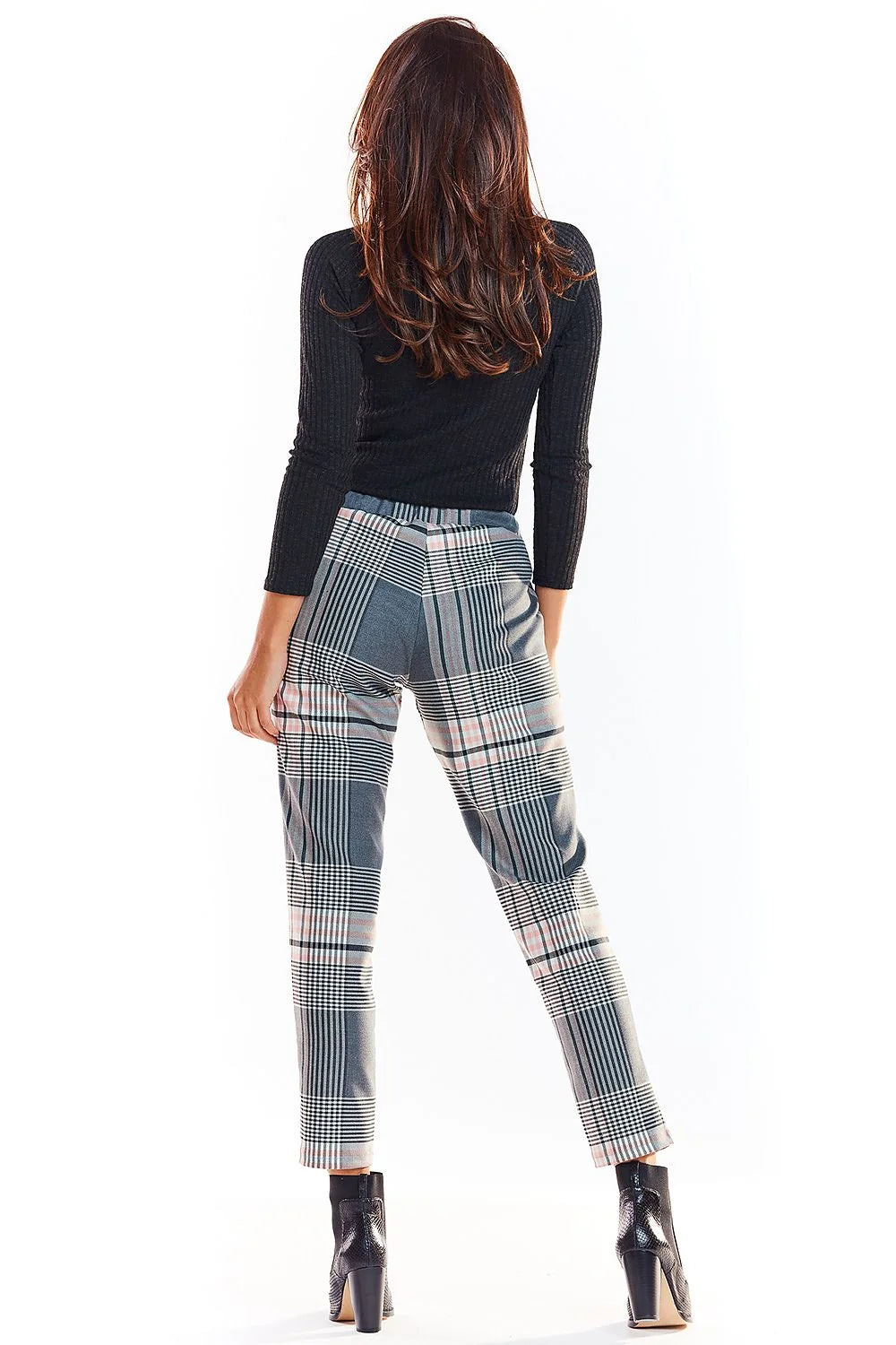 pantalon femme awama carreaux princegalles gris anthracite beige rosé fuselé cigarette cheville taille élastique réglable cordon tissu structuré