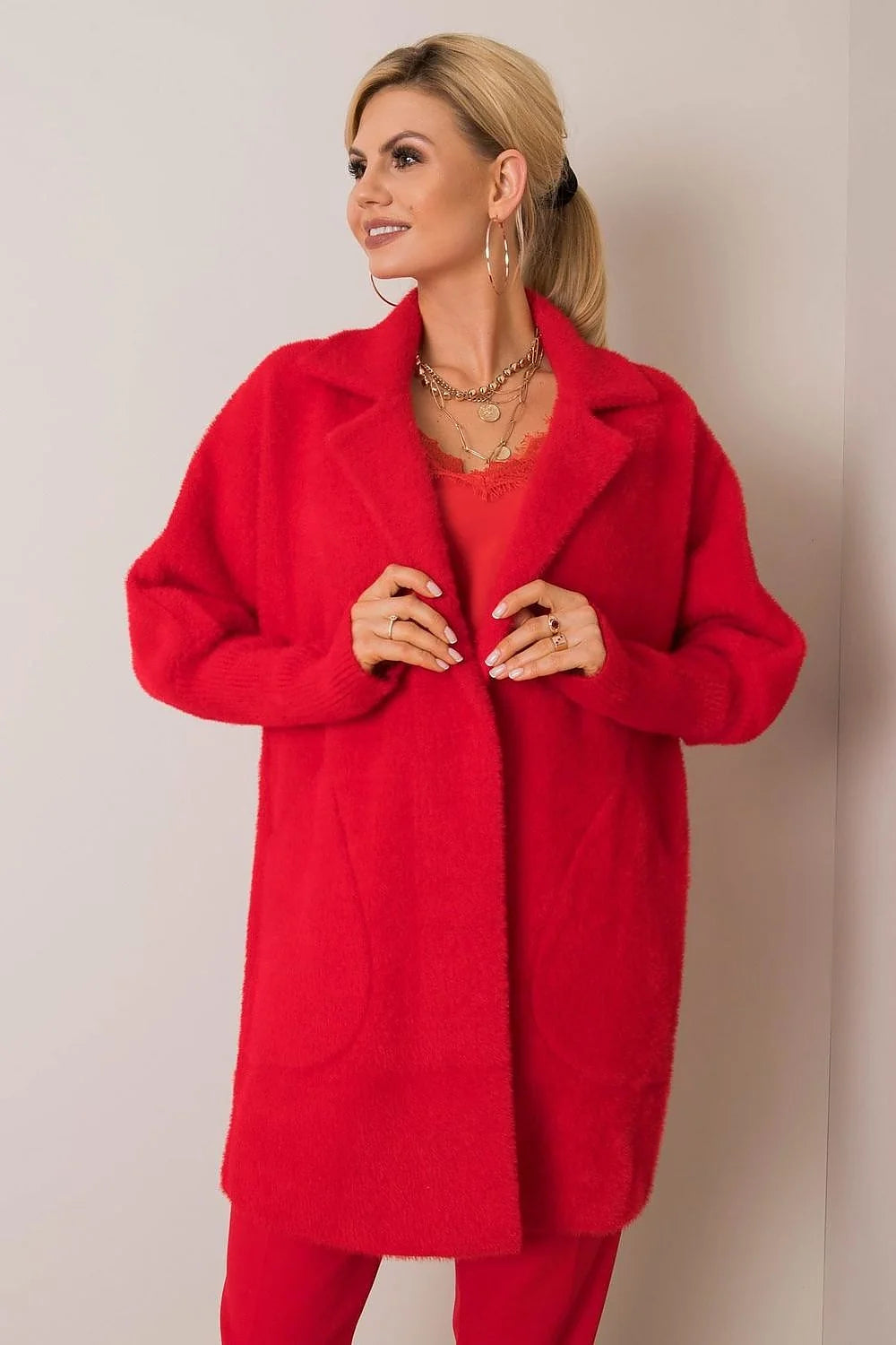 Manteau pour femme moderne élégant couleur rouge vif en mélange laine longueur universelle manches longues col revers poches coulissantes automne-hiver