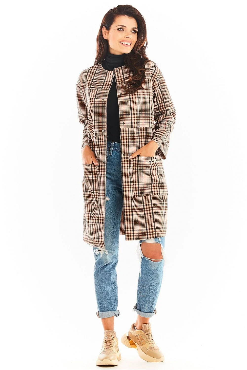 Manteau femme laine chic carreaux noirs blancs marron élégant automne hiver col rond tendance