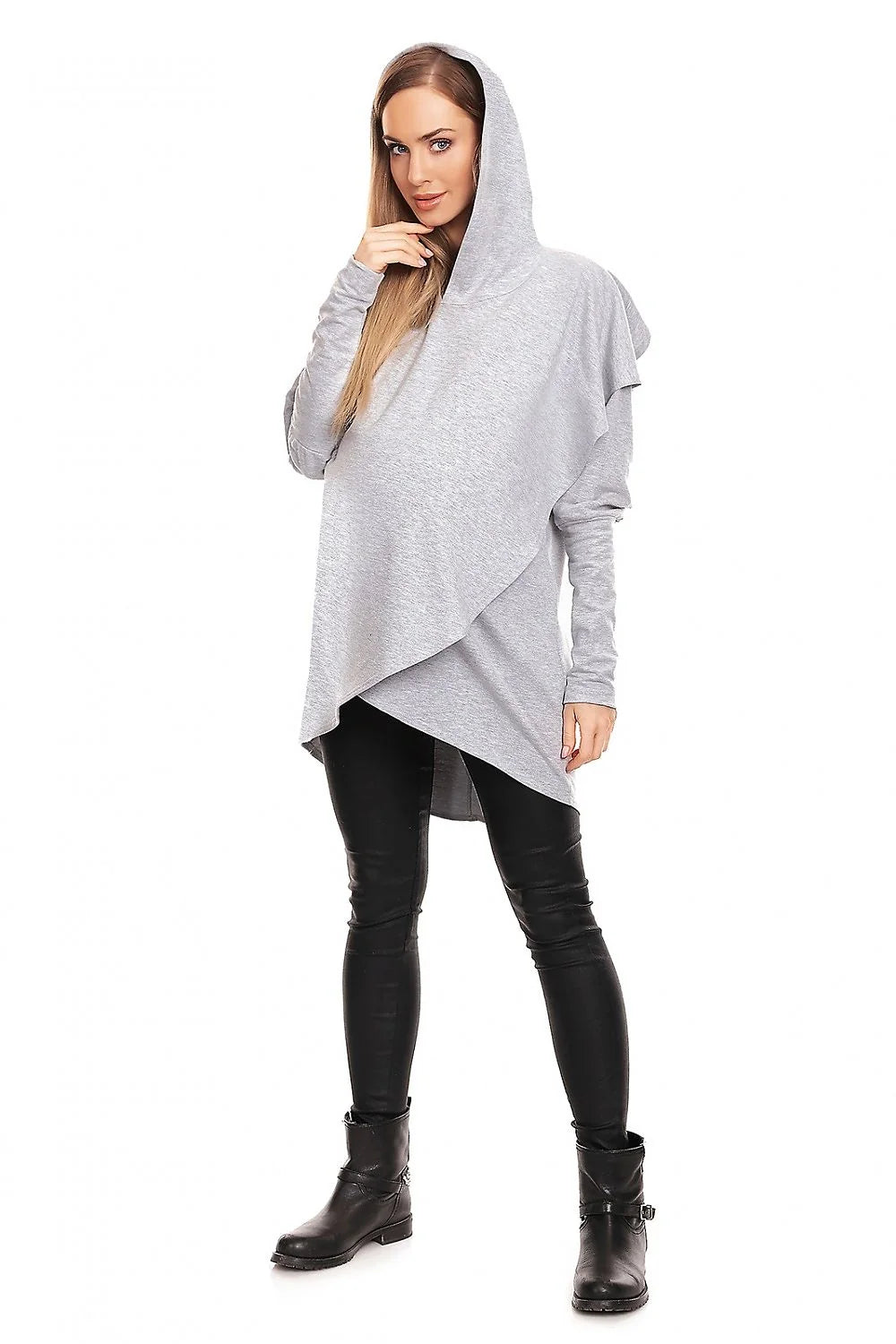 Sweatshirt de grossesse asymétrique à capuche en coton rouge profond, manches longues, coupe semi-ajustée pour femmes enceintes