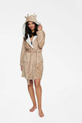 peignoir femme polaire douce capuche fantaisiste oreilles petits bois dorés beige doublure pois ceinture poches courte peluche chaleur cosy