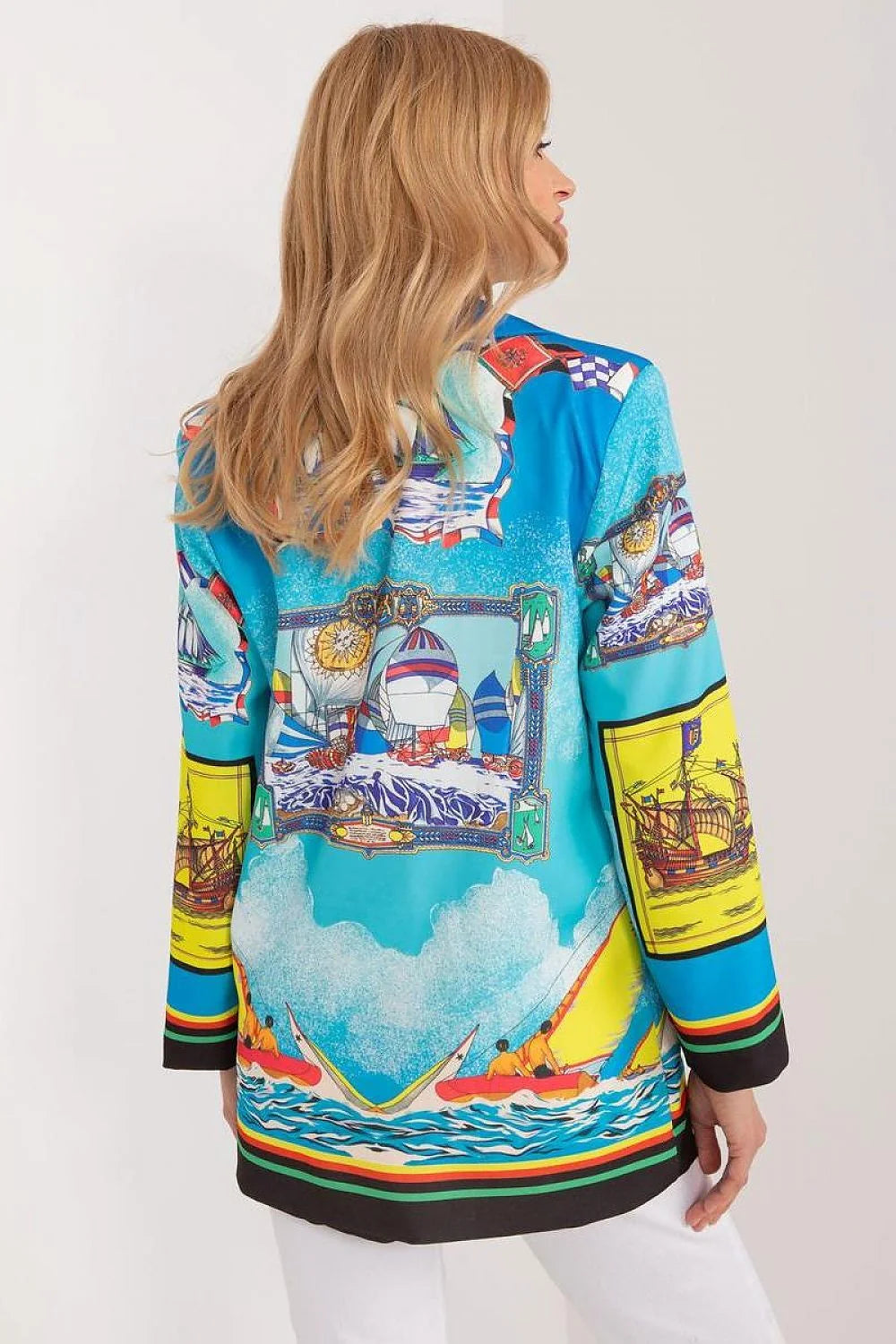 Veste femme design audacieux motifs nautiques bleu jaune rouge coupe droite manches longues col cranté occasion quotidienne élégance mode