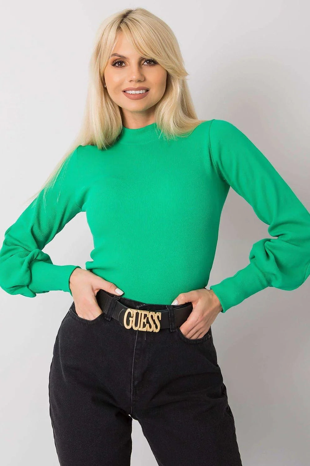ensemble chemisier pull col montant maille fine côtelée fuchsia vif manches longues bouffantes poignets froncés haut ajusté pantalon
