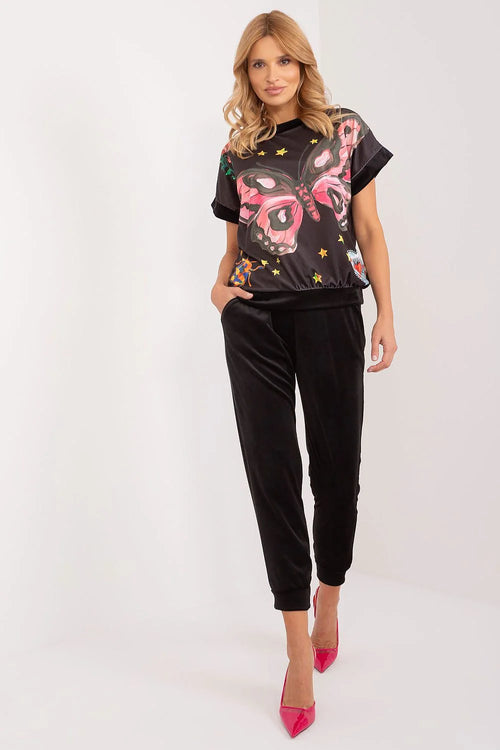 Ensemble femme Rue Paris velours satin chemisier pantalon jogging noir rose fuchsia étoiles occasion spéciale