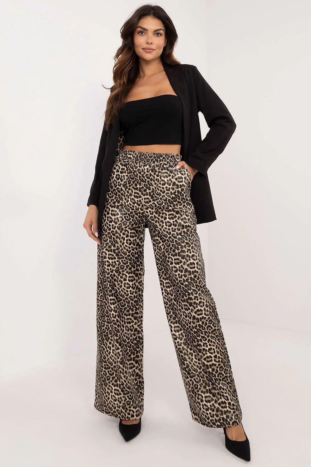 Pantalon femme en simili cuir imprimé léopard taille haute jambes droites style palazzo polyester elasthanne confortable élégant mode