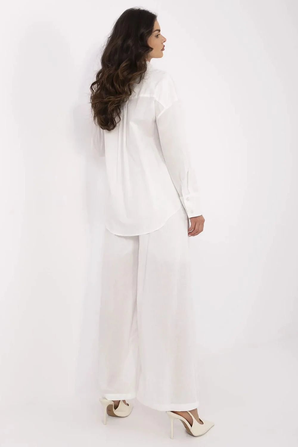 Ensemble féminin élégant en coton et lin blanc longues manches col classique pantalon large taille haute