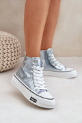 Baskets pour femmes en simili cuir argenté style urbain tendance lacets blancs semelle blanche cœur logo 11.5 cm