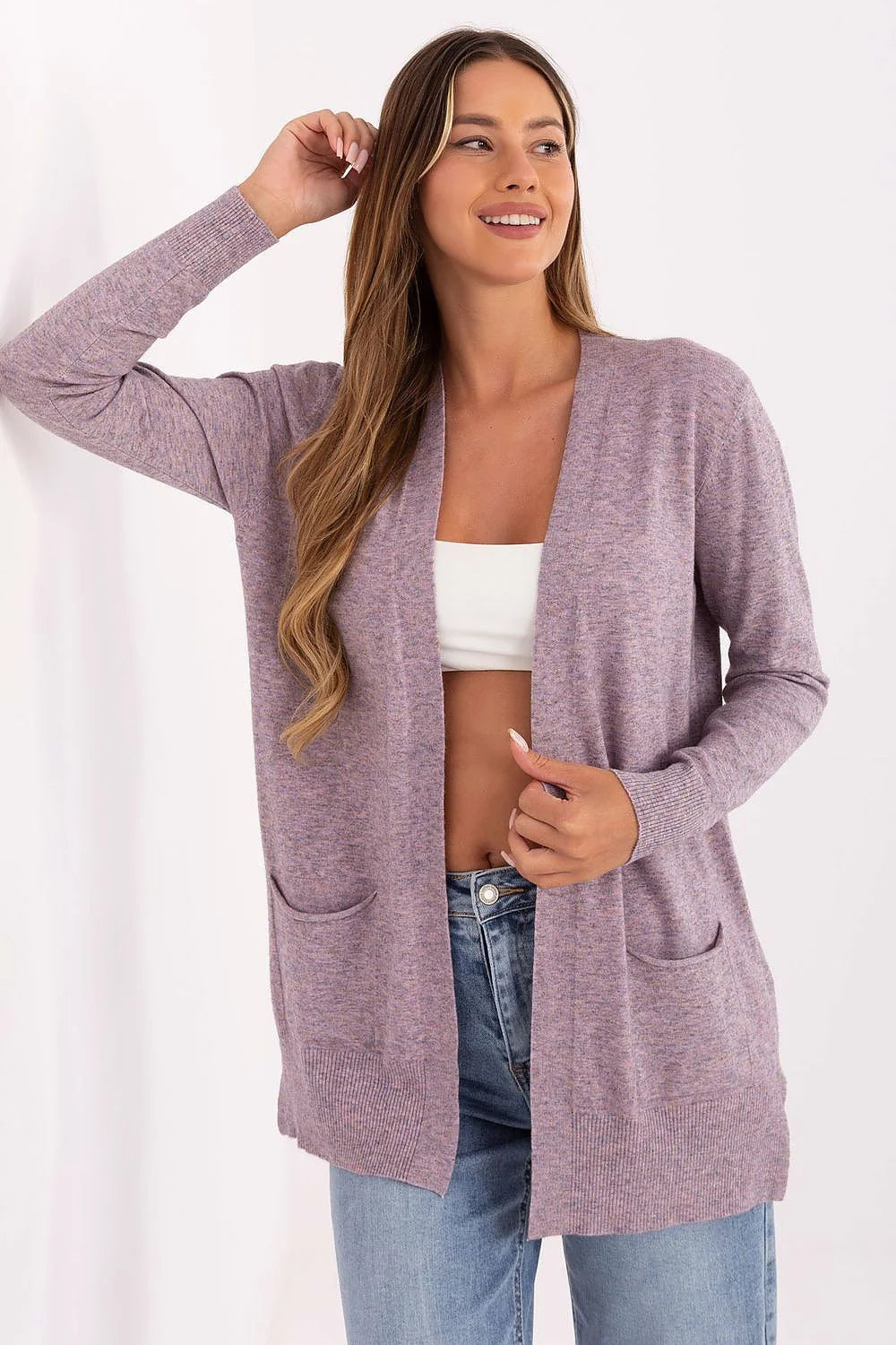 cardigan gilet femme ouvert maille fine parme chiné coupe droite mi longue manches longues poches plaquées frontales tissu souple léger