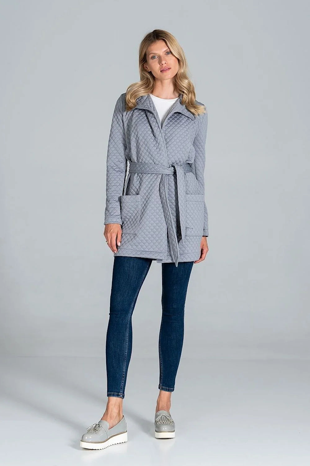 Veste matelassée marron losange ceinture poches avant style décontracté moderne femme hiver chaud