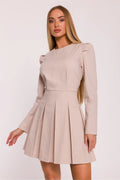 robe Moe tissu imitation denim mat élastique encolure ronde manches longues épaules structurées taille cintrée jupe plissée mini beige