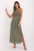 Robe longue bohème été dentelle crochetée kaki silhouette évasée bretelles fines nœud dos fente latérale femme
