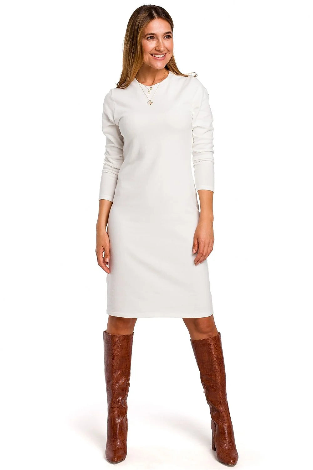 Robe midi coton blanc cassé style épuré manches longues classique décontractée idéale pour femmes élégantes