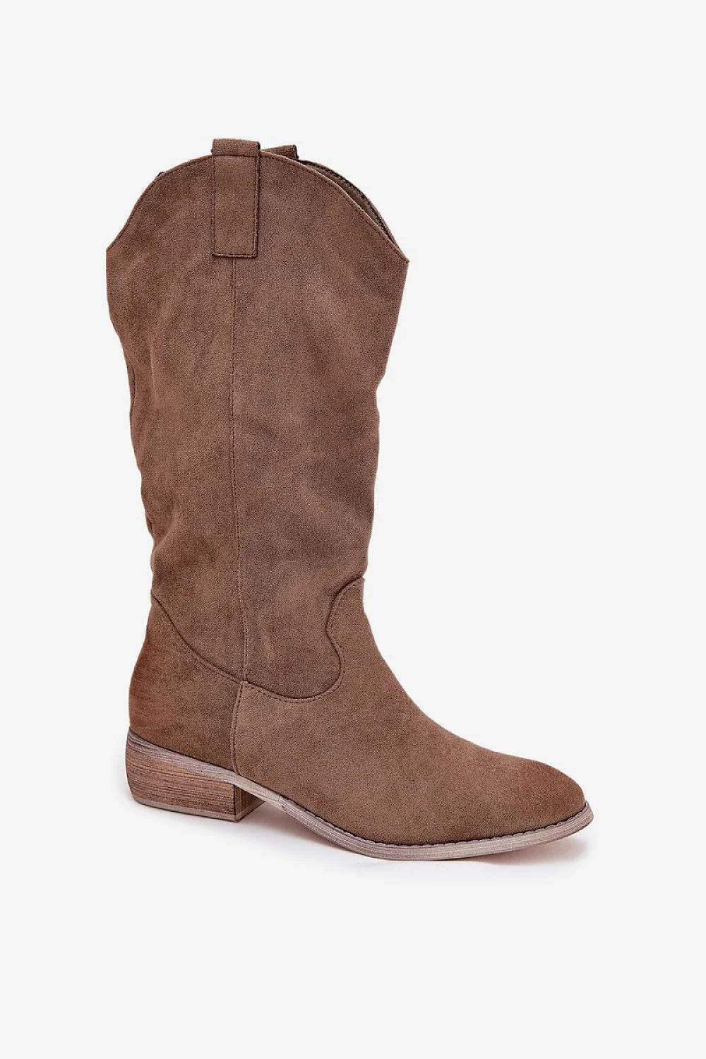 bottes cowgirl femme cuir suédé taupe mi mollet tige lisse coutures décoratives zip latéral talon bas bout amande