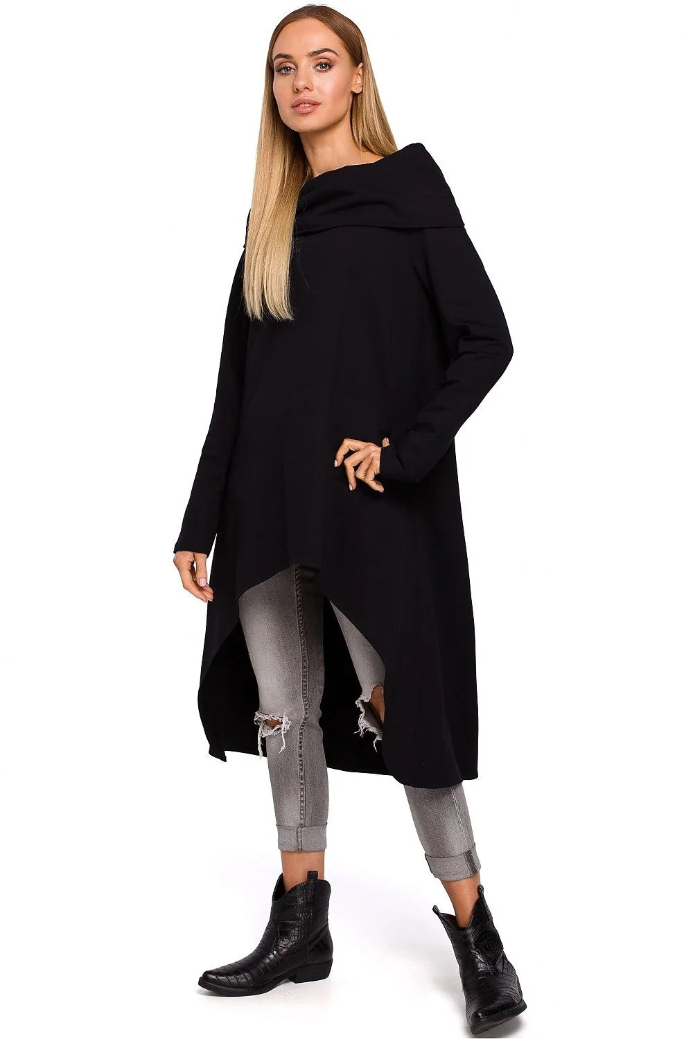 Tunique en Coton Gris Clair Asymétrique Ample Col Roulé Mode Décontractée Élégante Confortable Femme