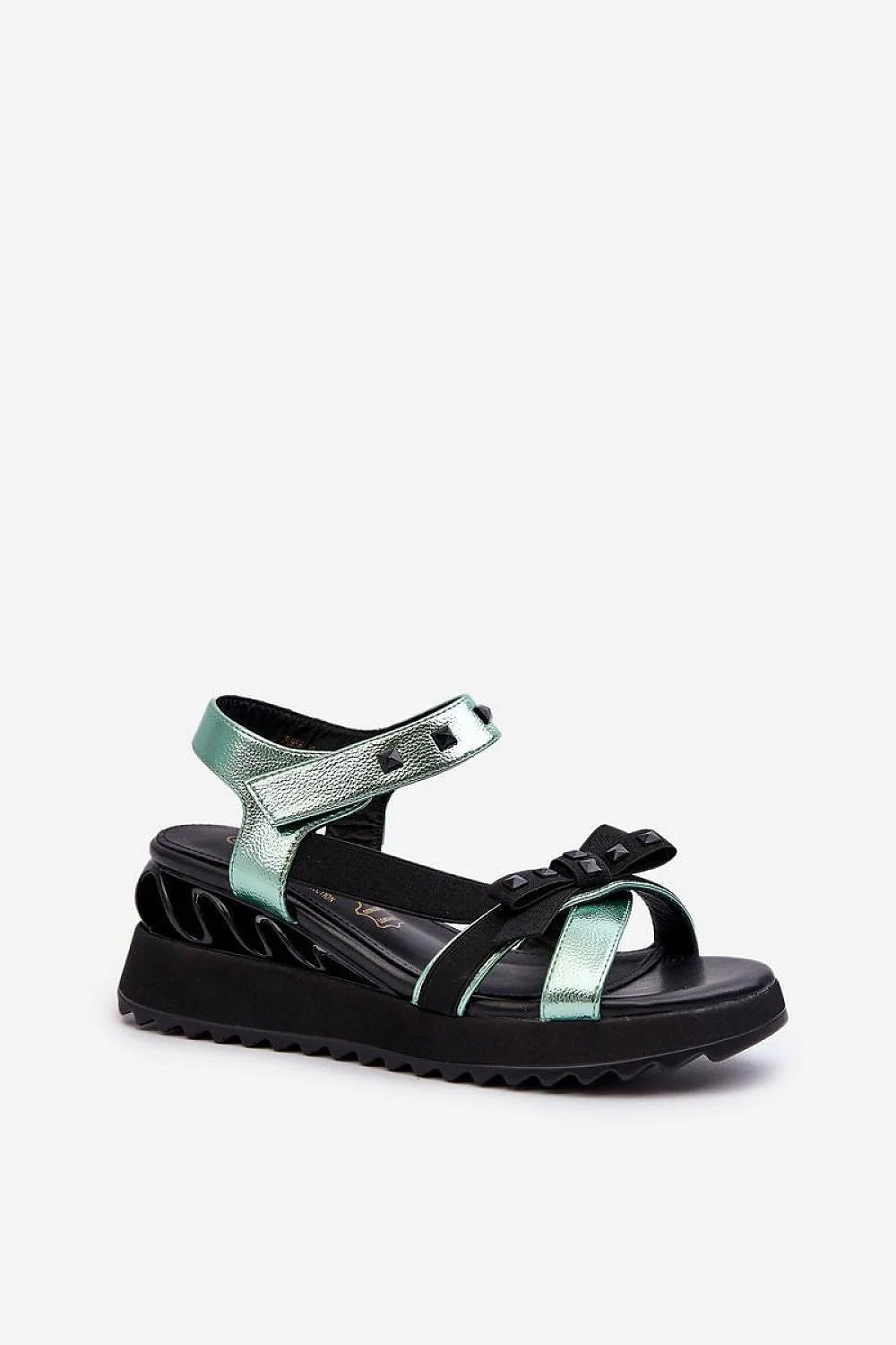 sandales femmes modernes audacieuses lanières métalliques vert menthe noire textile plateforme compensée crantée talon 6cm clous pyramide scratch réglable rembourrée